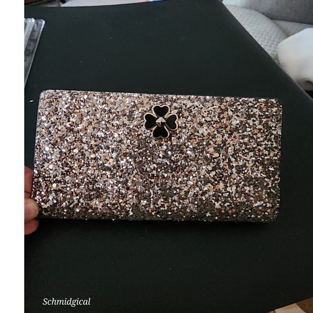 Kate Spade Odette Glitter Large Slim Bifold Wallet Black Rose Gold J183 tag